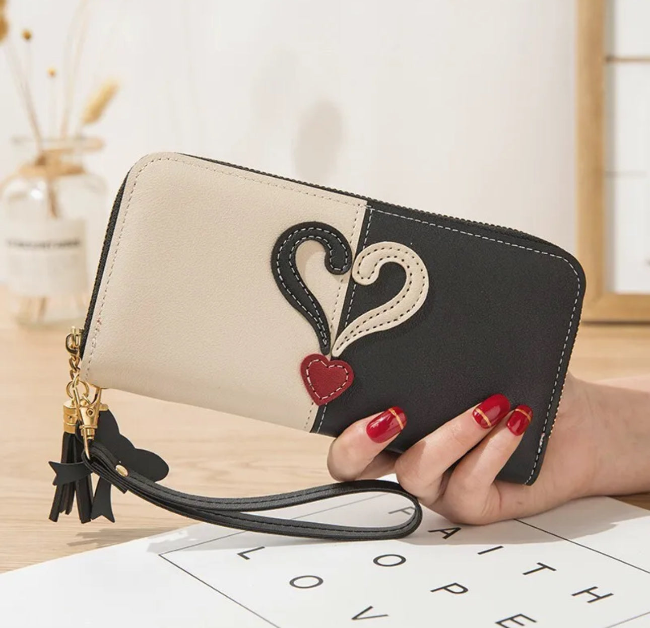 Ladies Heart Embellished Long Leather Purse