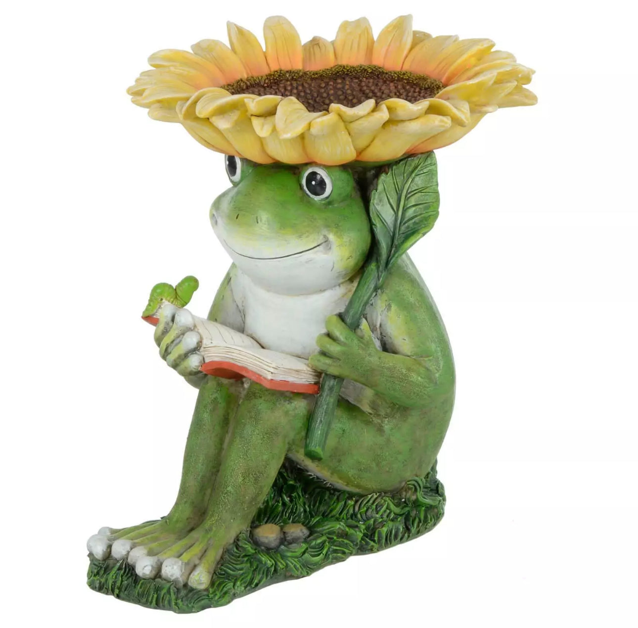 Sunflower Reading Frog Bird Feeding Statue