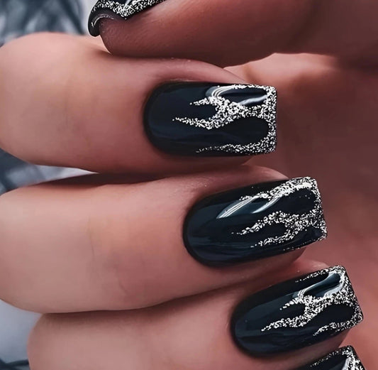Black & Silver Flame Short Square False Nails 24pc