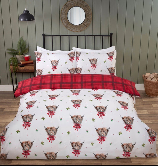 Tartan Check Highland Cow Duvet Set King Size