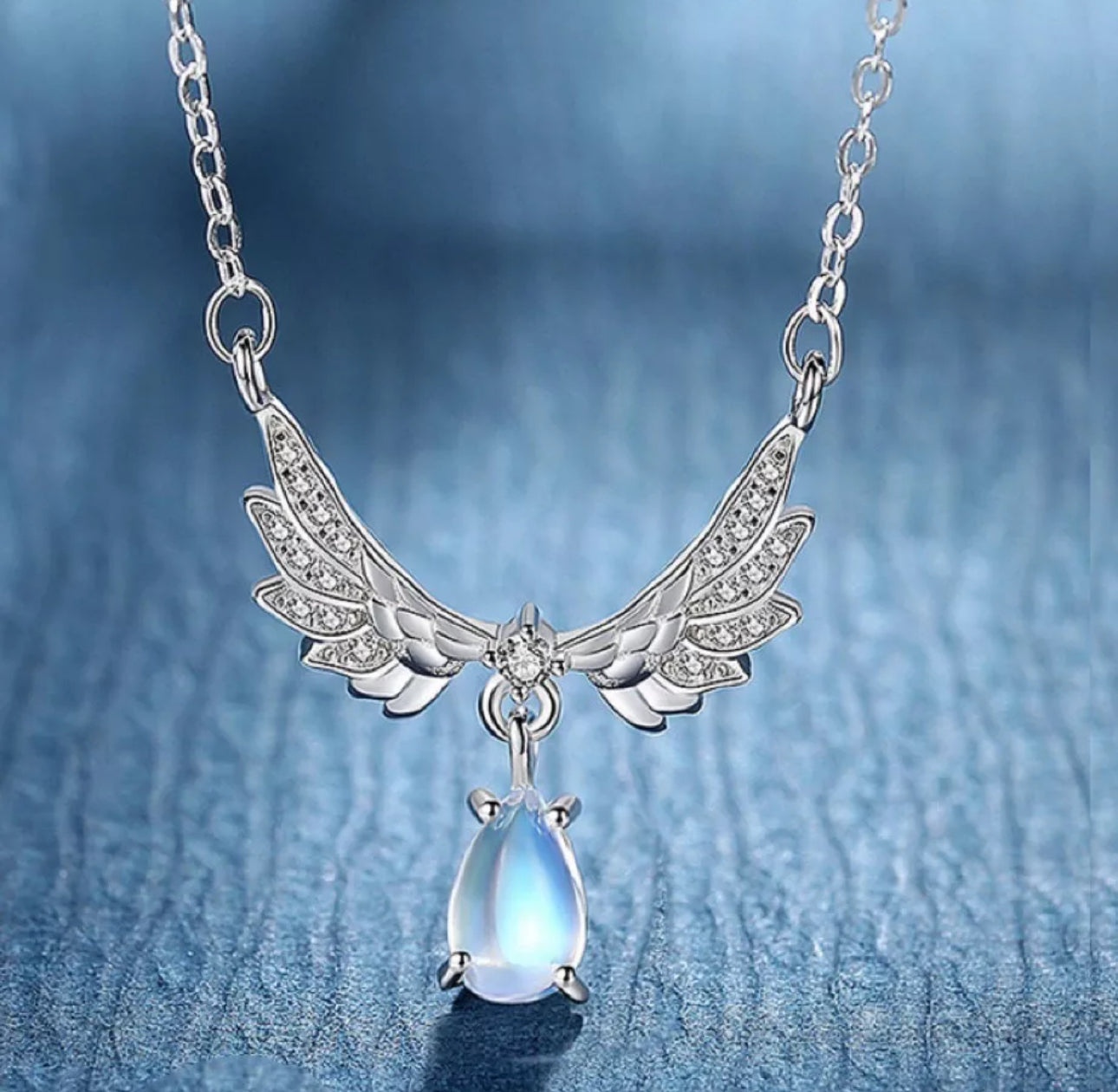 Silver Crystal Angel with Wing / Moonstone Pendant