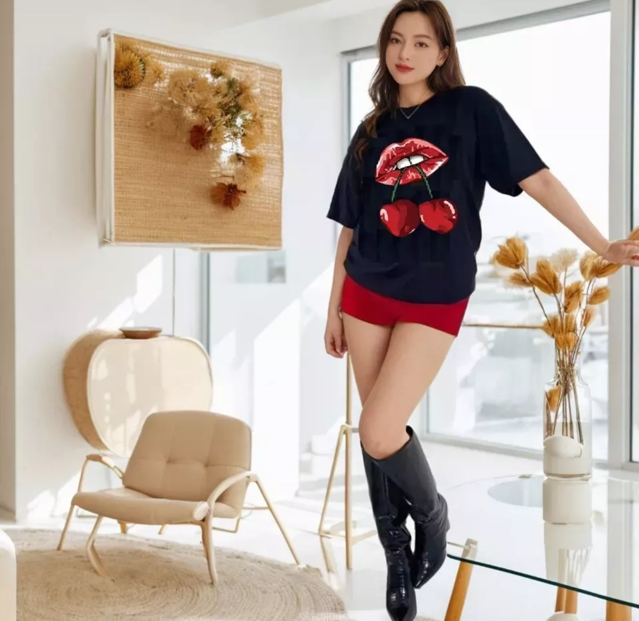 Ladies Oversized Cherry Lips T-shirt