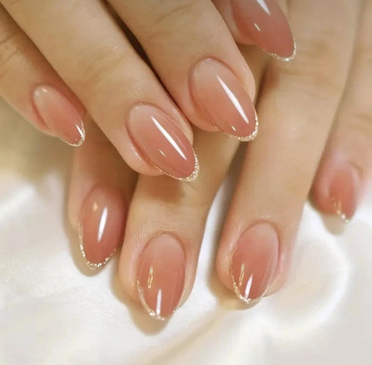 24pc Medium Oval Nude Golden Tip Nails