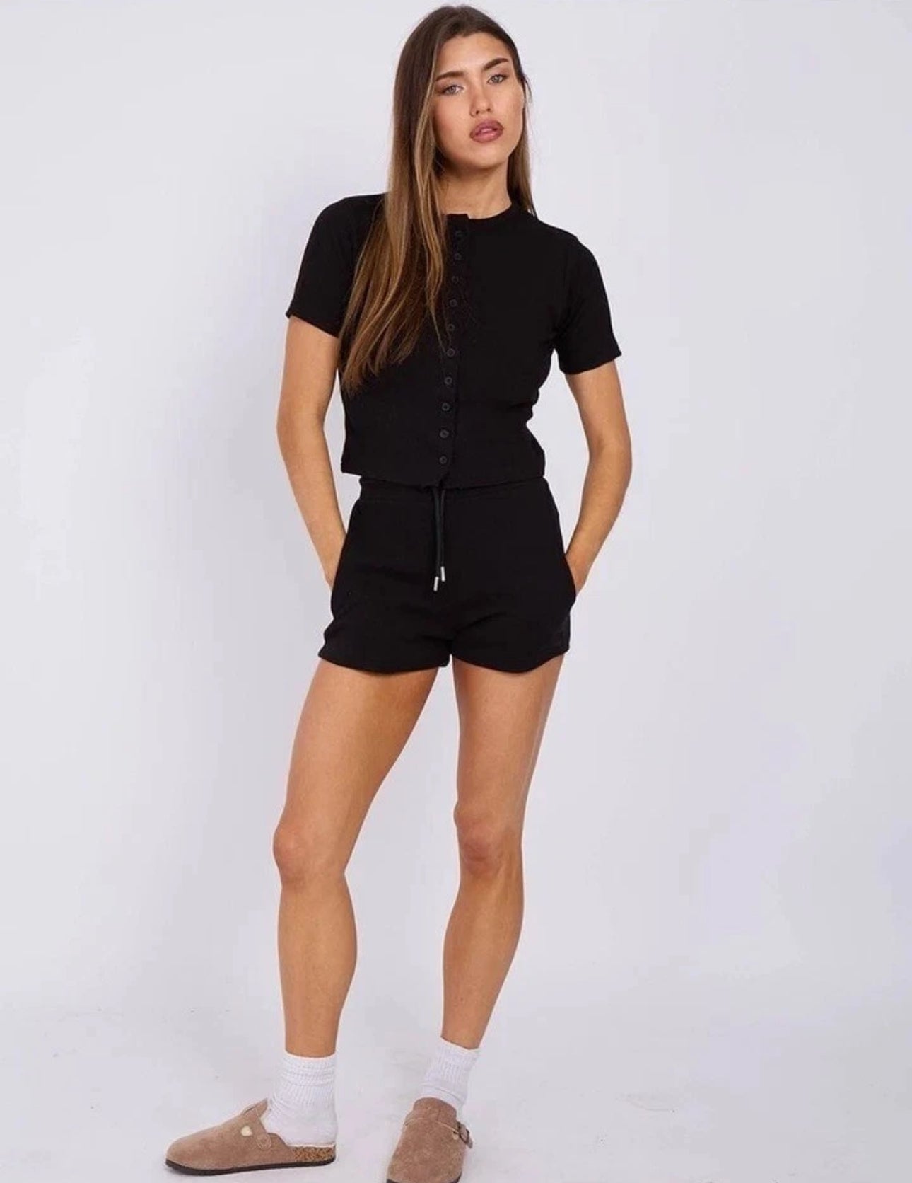 Ladies Ribbed Button Front Top & Shorts Set