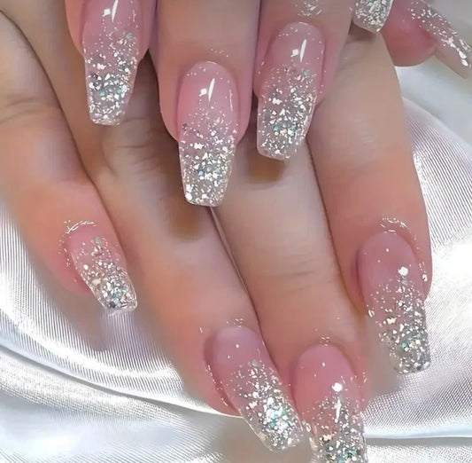 24pc Silver Glitter Ombré False Nails