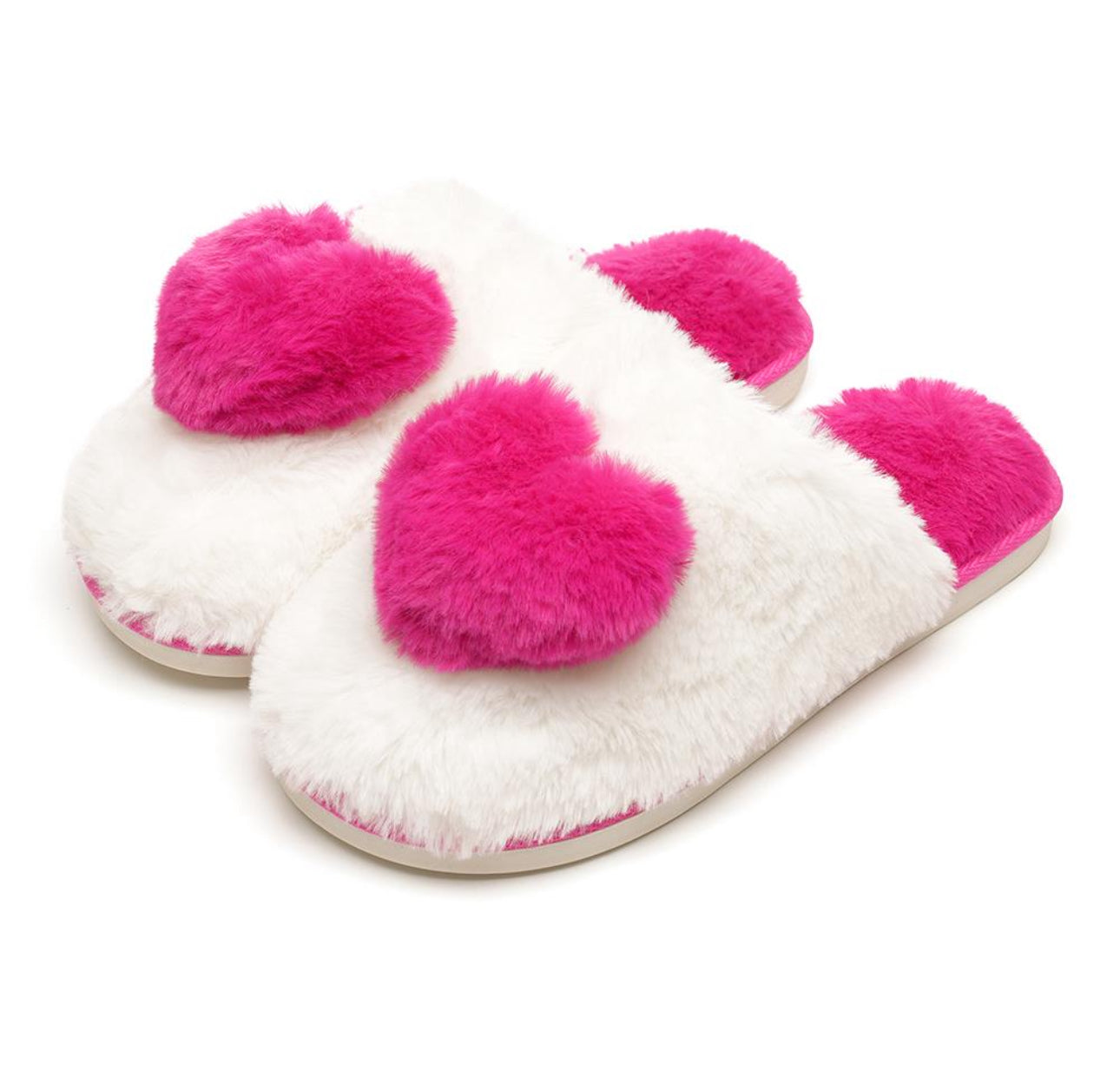 Ladies Fluffy 3D Heart Mule Slippers