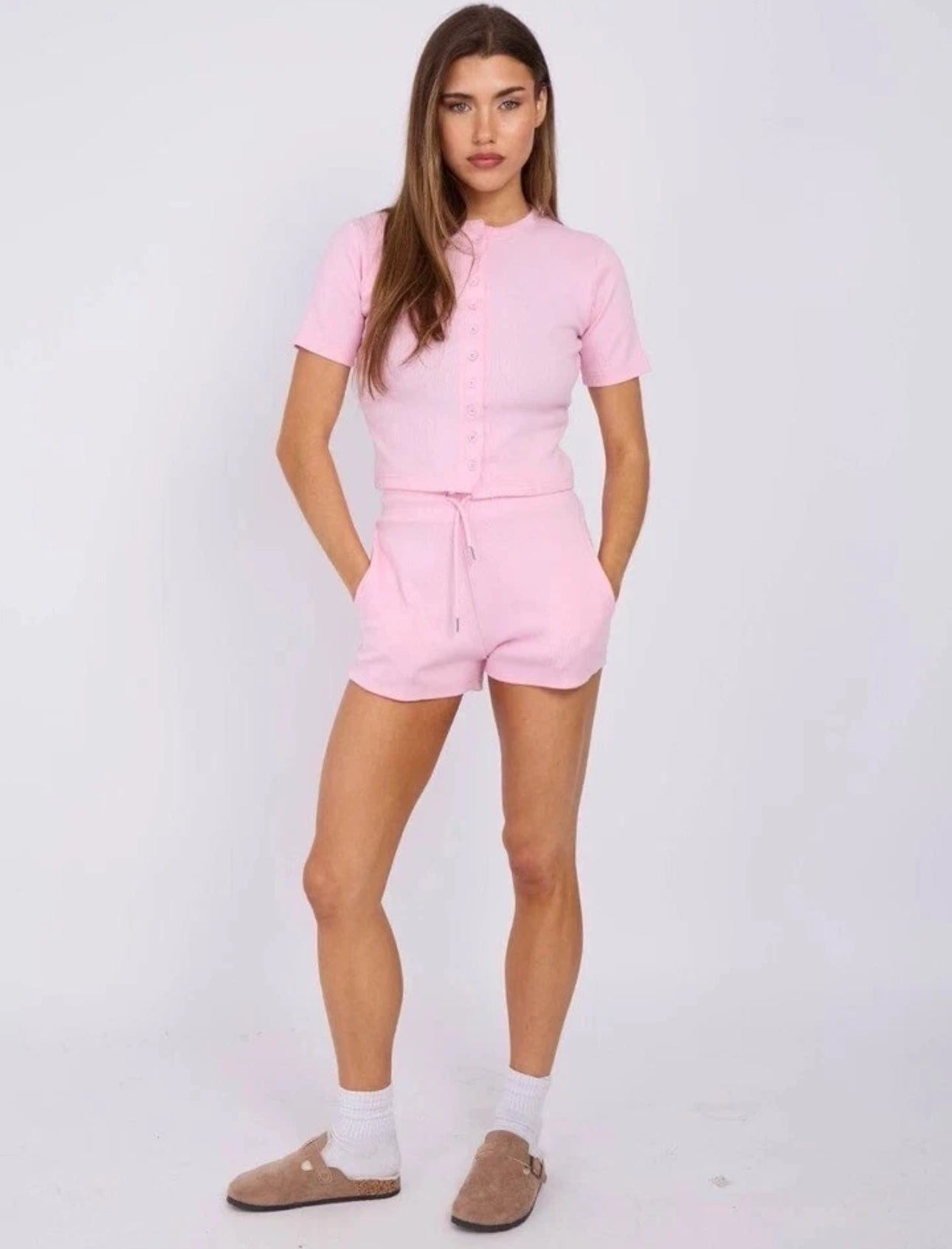 Ladies Ribbed Button Front Top & Shorts Set