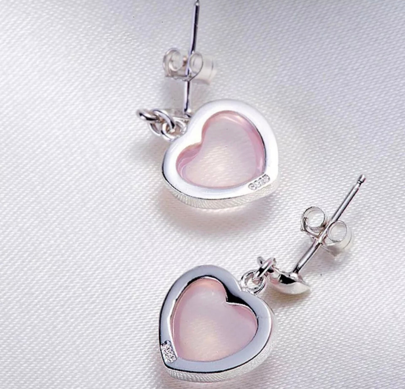 Silver Rose Quartz Heart Drop Earrings