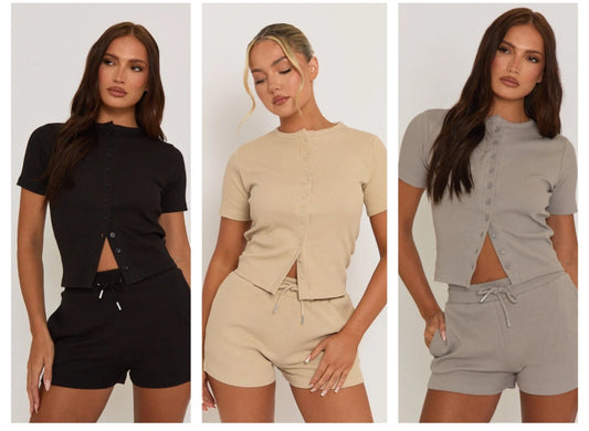 Ladies Ribbed Button Front Top & Shorts Set