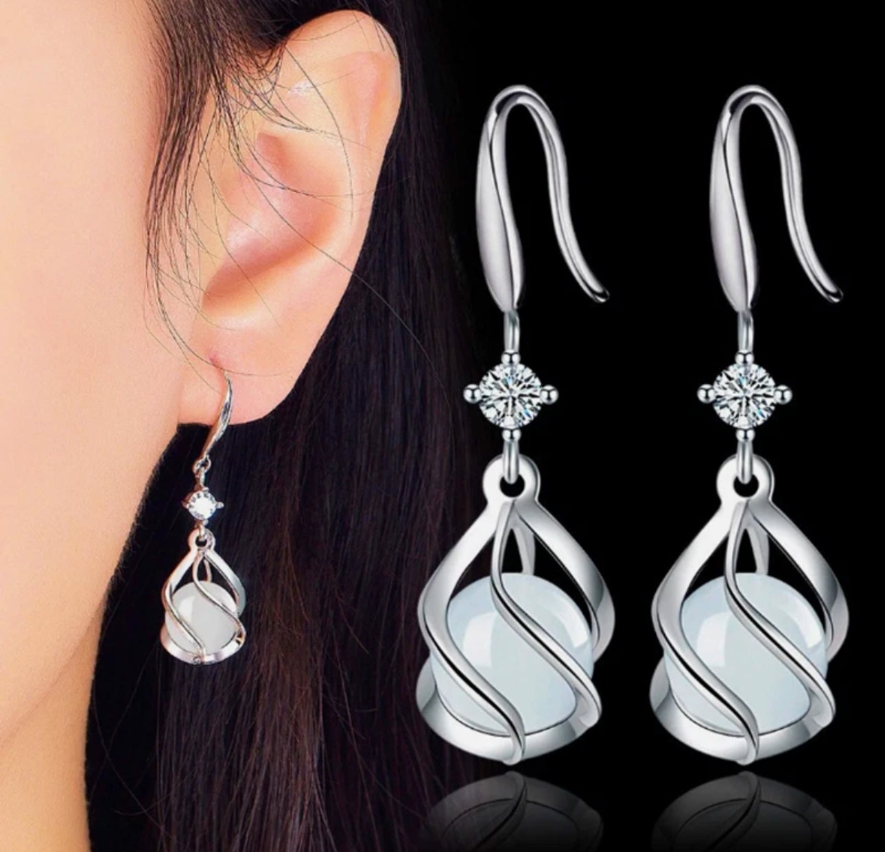 Silver Twist Opal Dangle Earrings