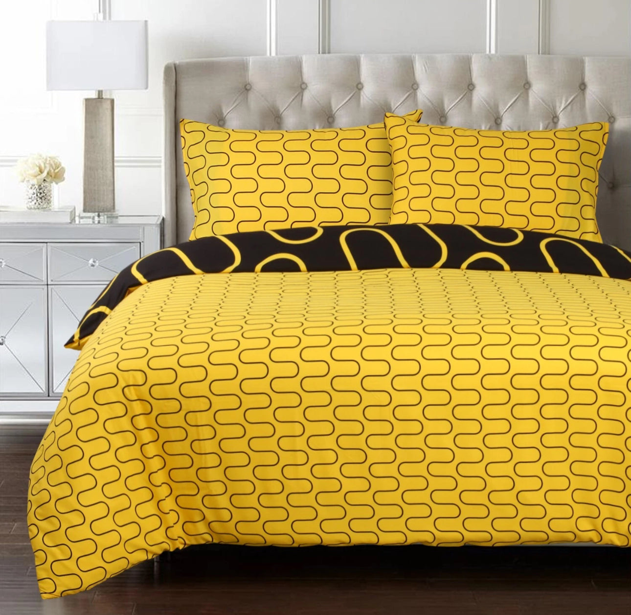 Reversible Black & Yellow Wave Duvet Set KING