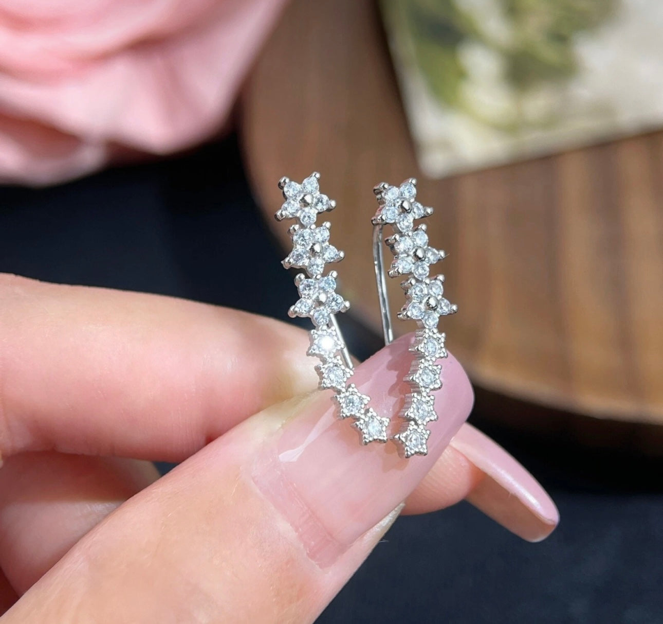 Silver CZ Curve Flower Earrings
