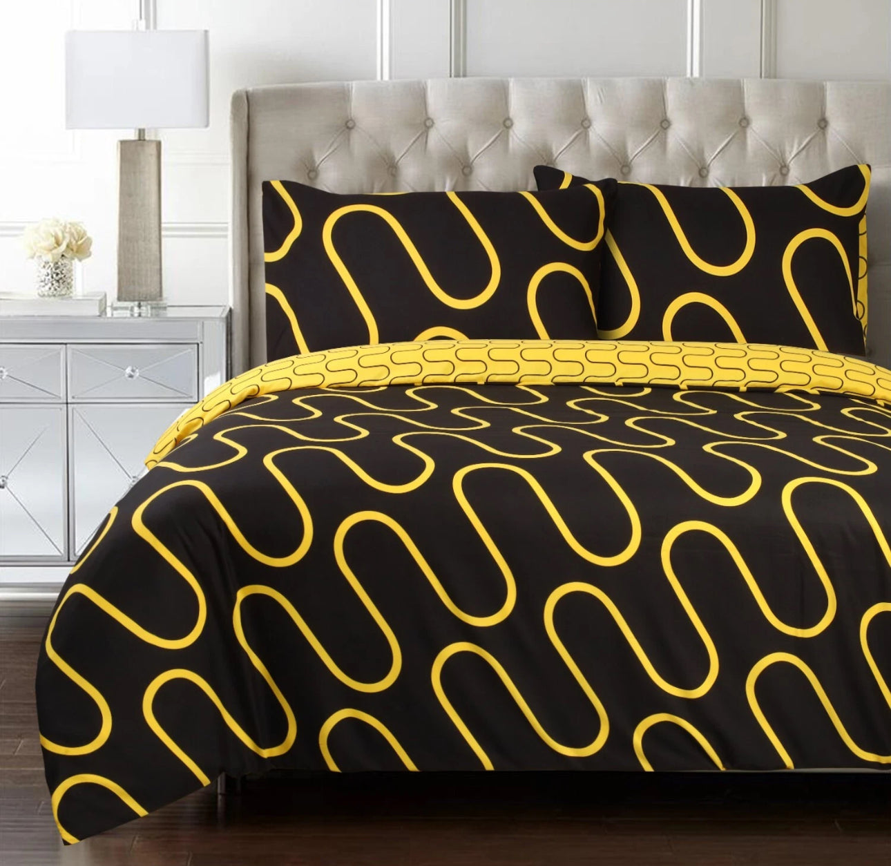 Reversible Black & Yellow Wave Duvet Set KING