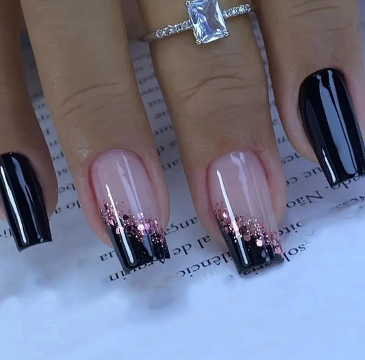 Pink & Black Glitter Medium Square False Nails 24pc