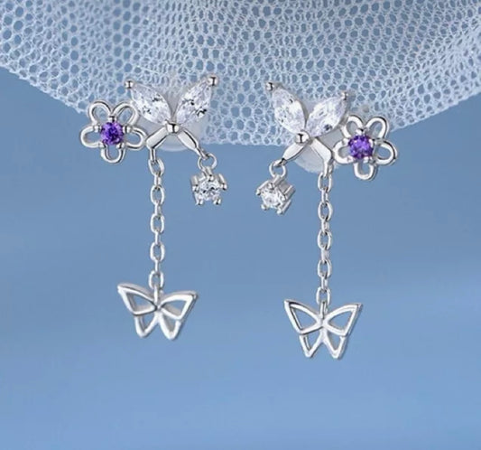 Silver Crystal Butterfly Drop Earrings