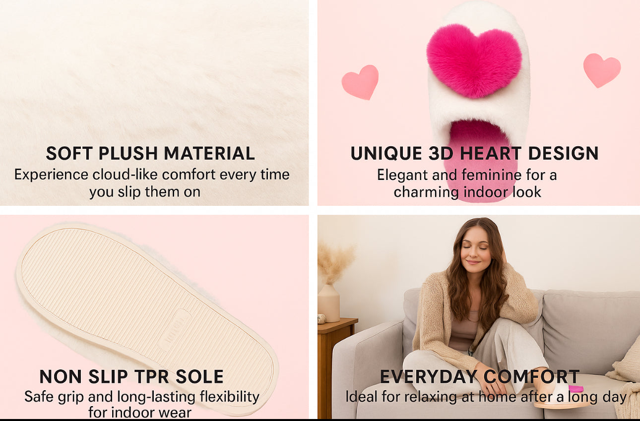 Ladies Fluffy 3D Heart Mule Slippers