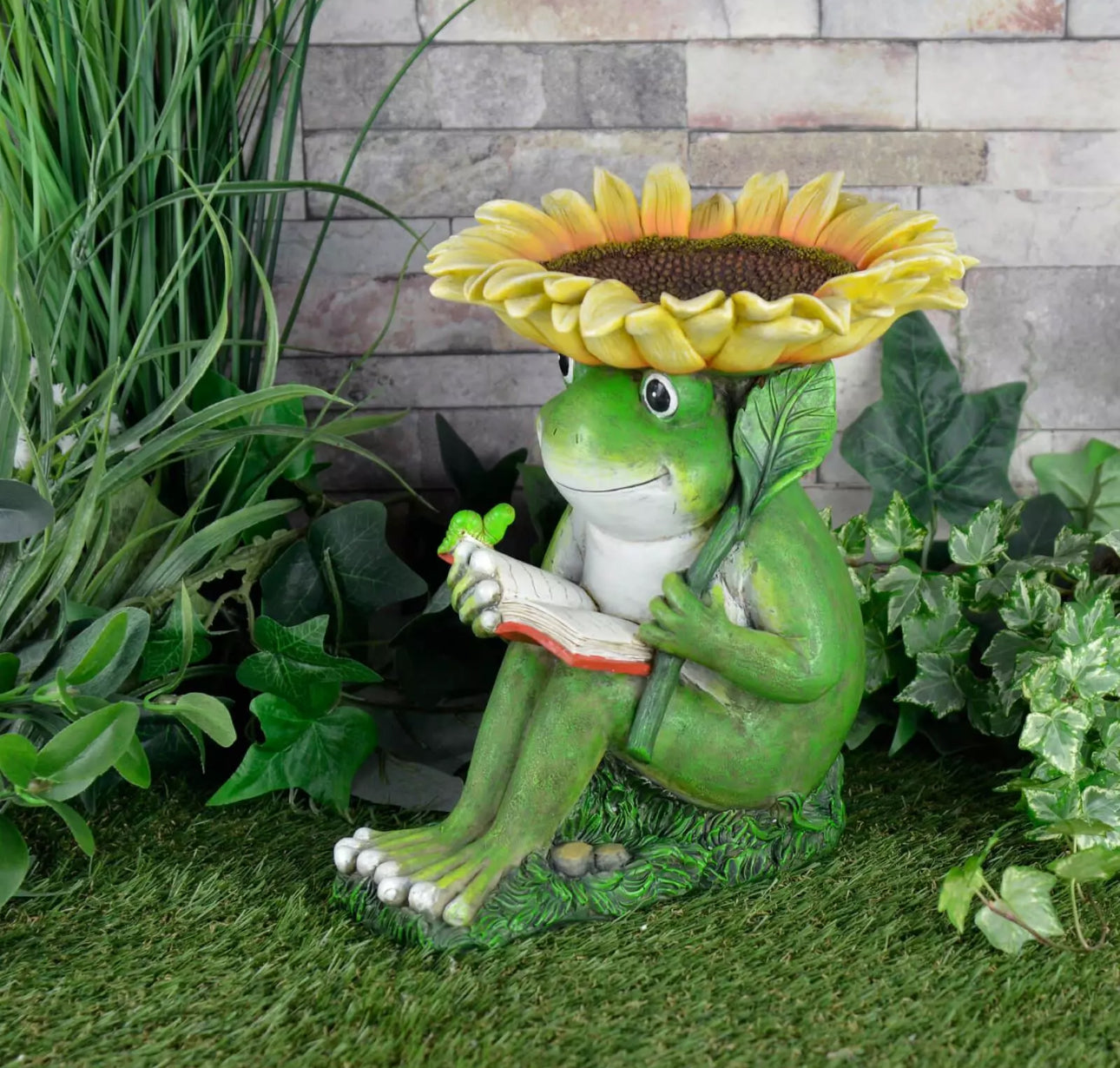 Sunflower Reading Frog Bird Feeding Statue