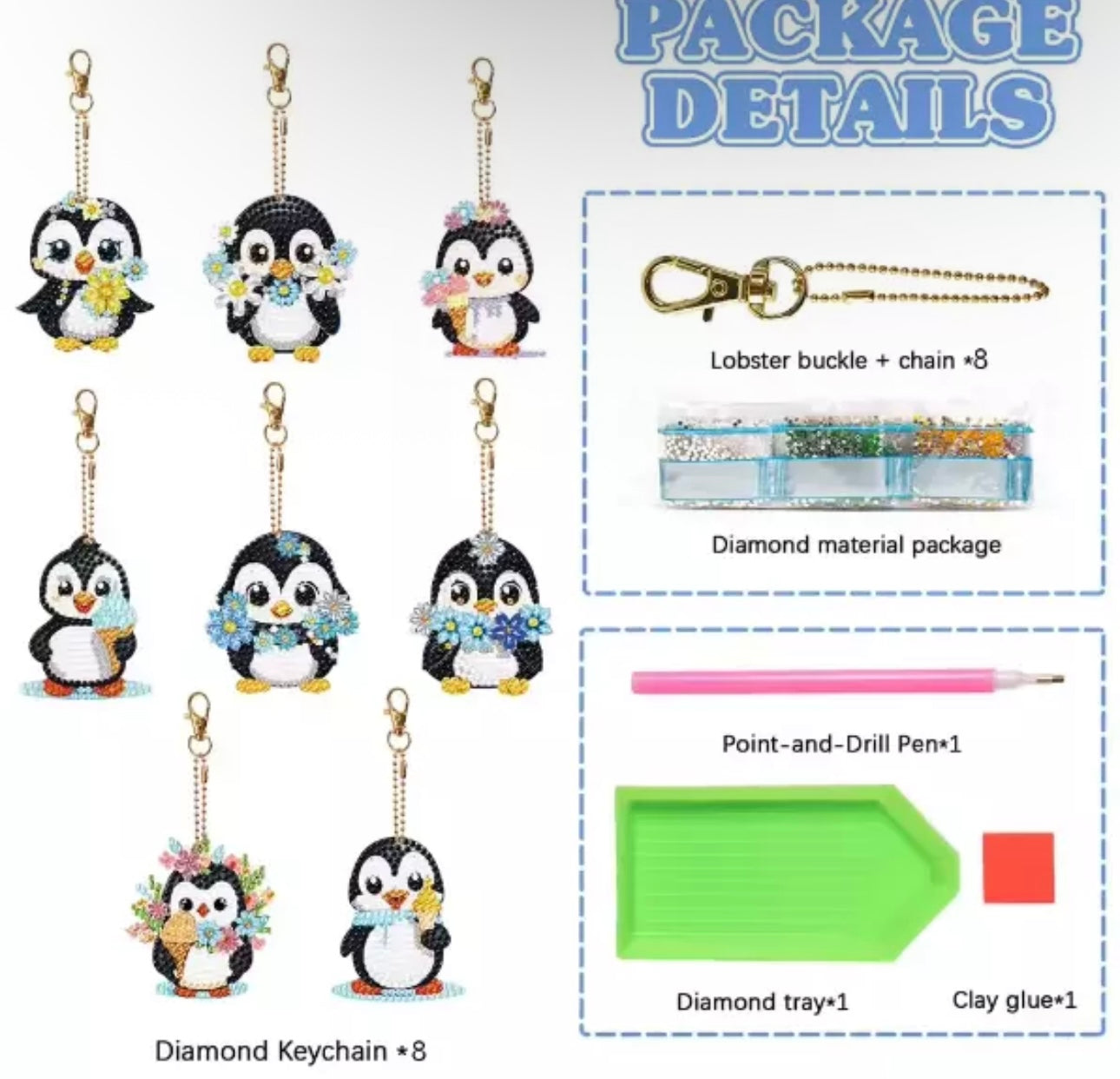 8pcs Penguin Diamond Art Keyrings