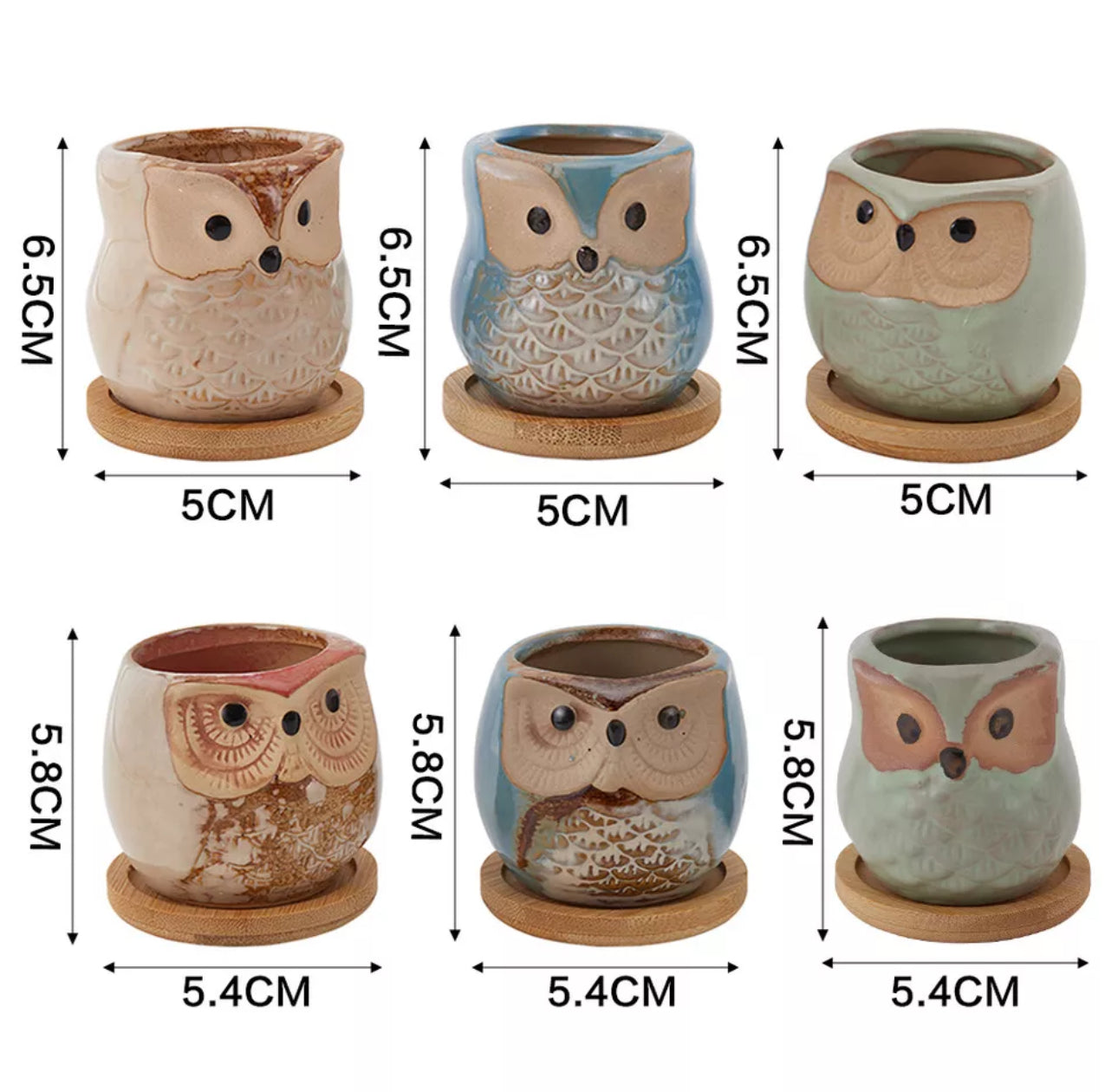 6pcs Mini Ceramic Owl Plant Pots With Bamboo Stand