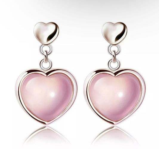 Silver Rose Quartz Heart Drop Earrings