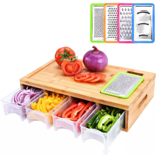 Large Bamboo Chopping Board with 4 drawers Prep Station