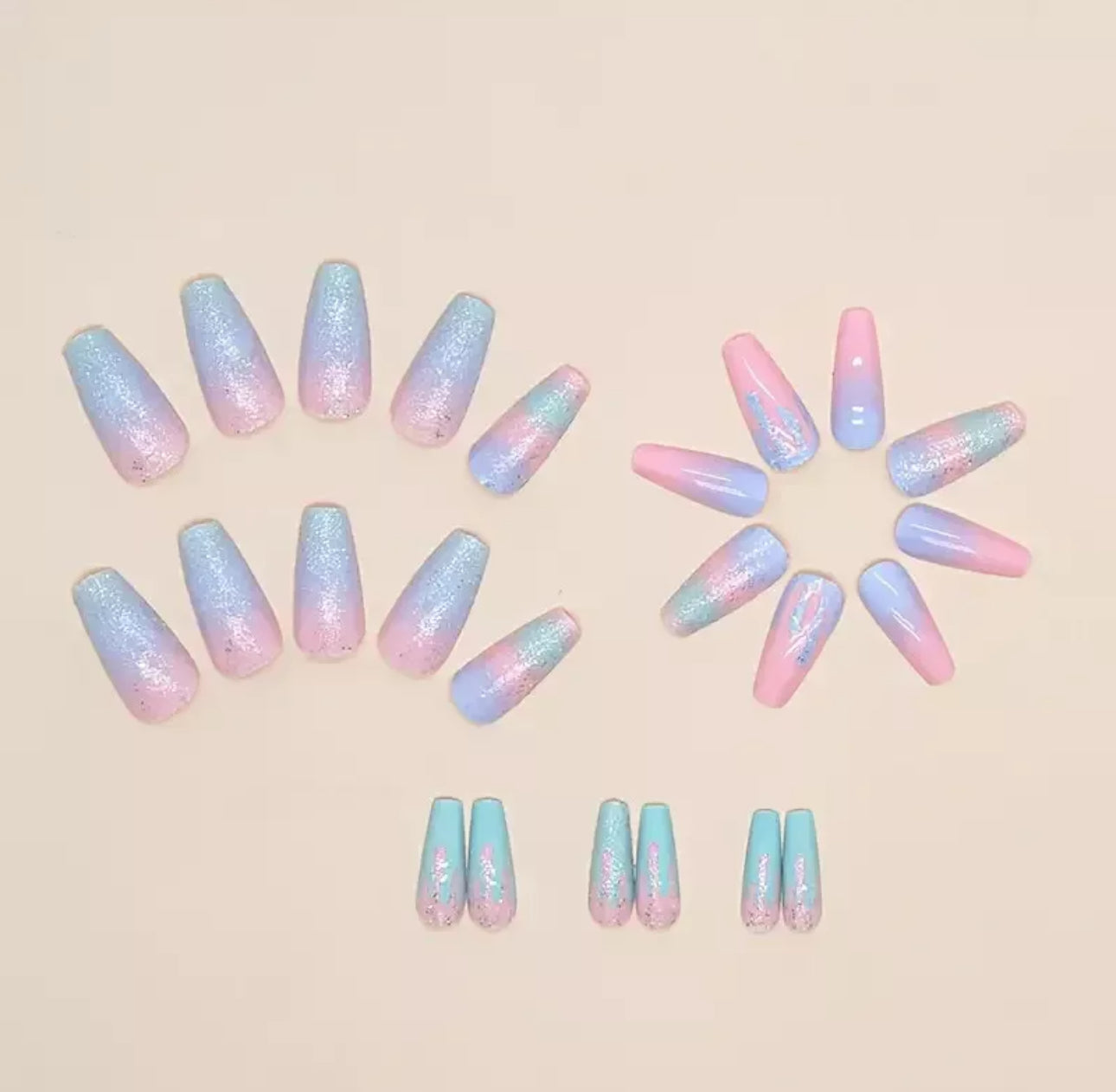 Pastel Colours Glitter Gradient Coffin False Nails 24pc