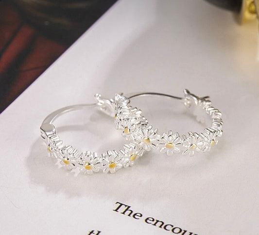Silver Daisy Huggie Earrings