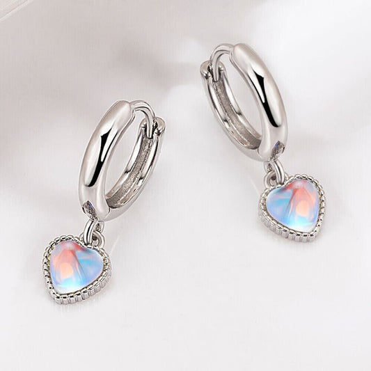 925 Sterling Silver Moonstone Heart Hoop Earrings