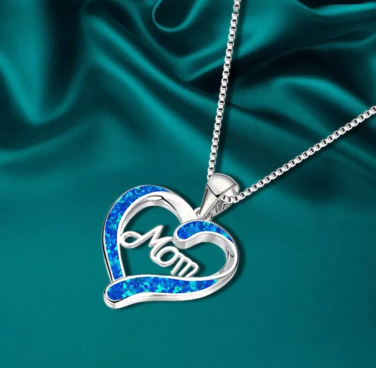 Silver Plated Blue Mom Heart Necklace