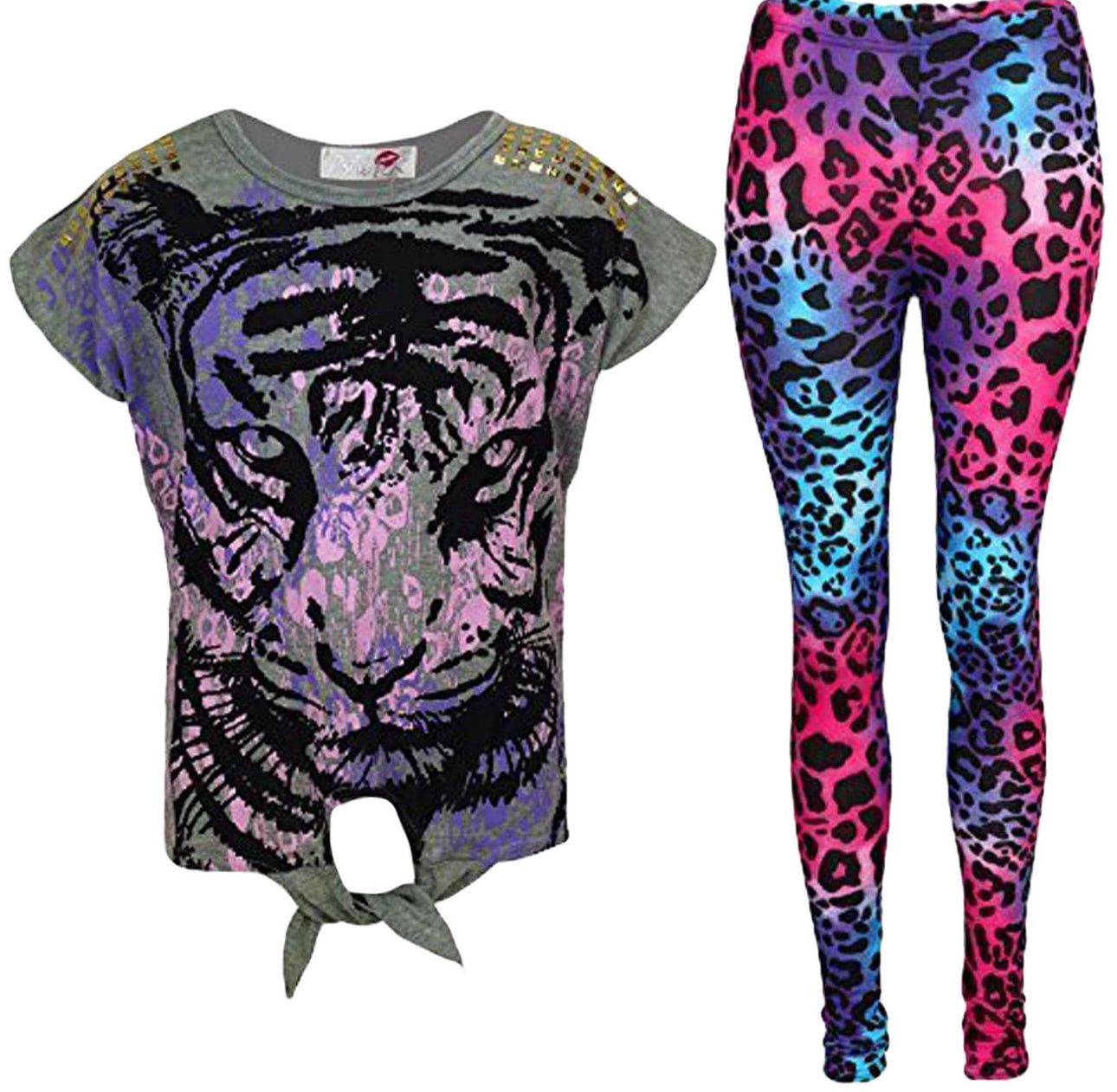 Girls Tiger Face T-Shirt & Tiger Print Leggings Set