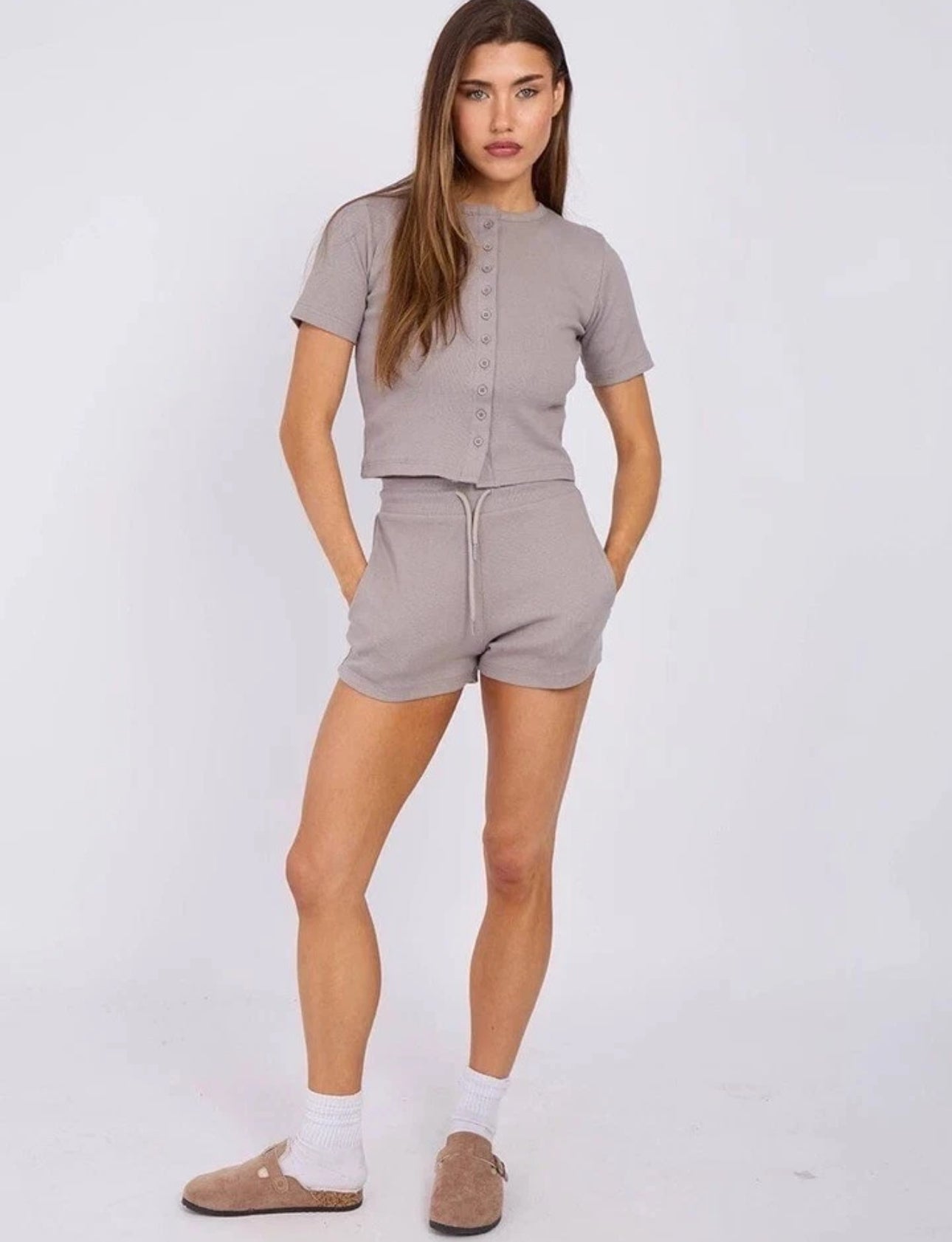 Ladies Ribbed Button Front Top & Shorts Set