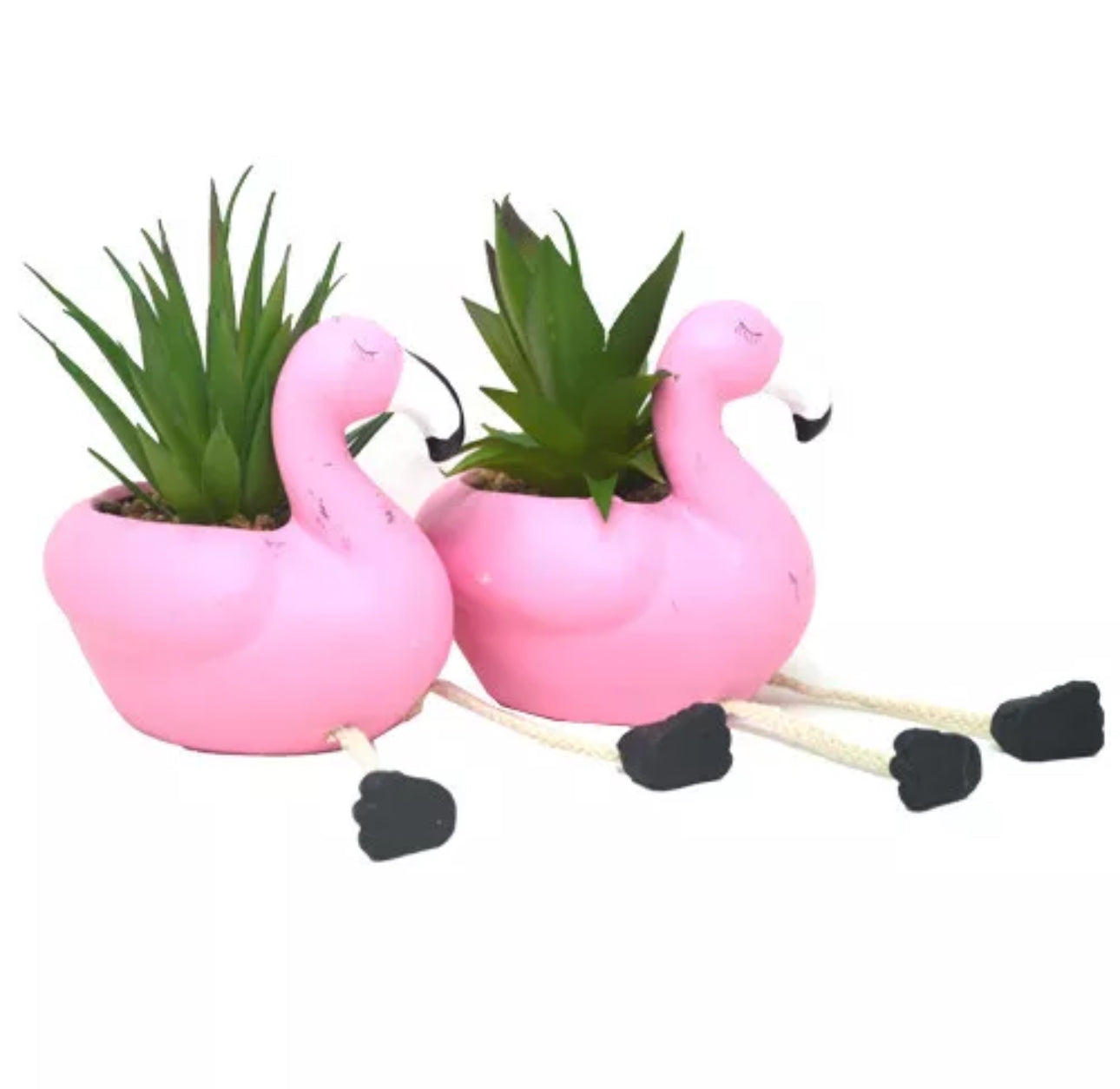 Set Of 2 Pink Flamingo Ceramic Pots With Succulents