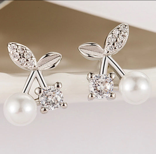 Silver Pearl Cherry Earrings