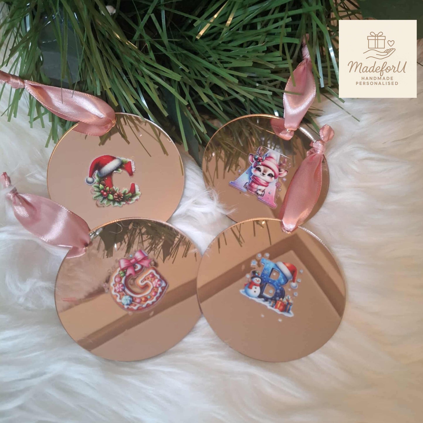 Set of 5 Rose Gold or Clear Baubles With Festive Initials