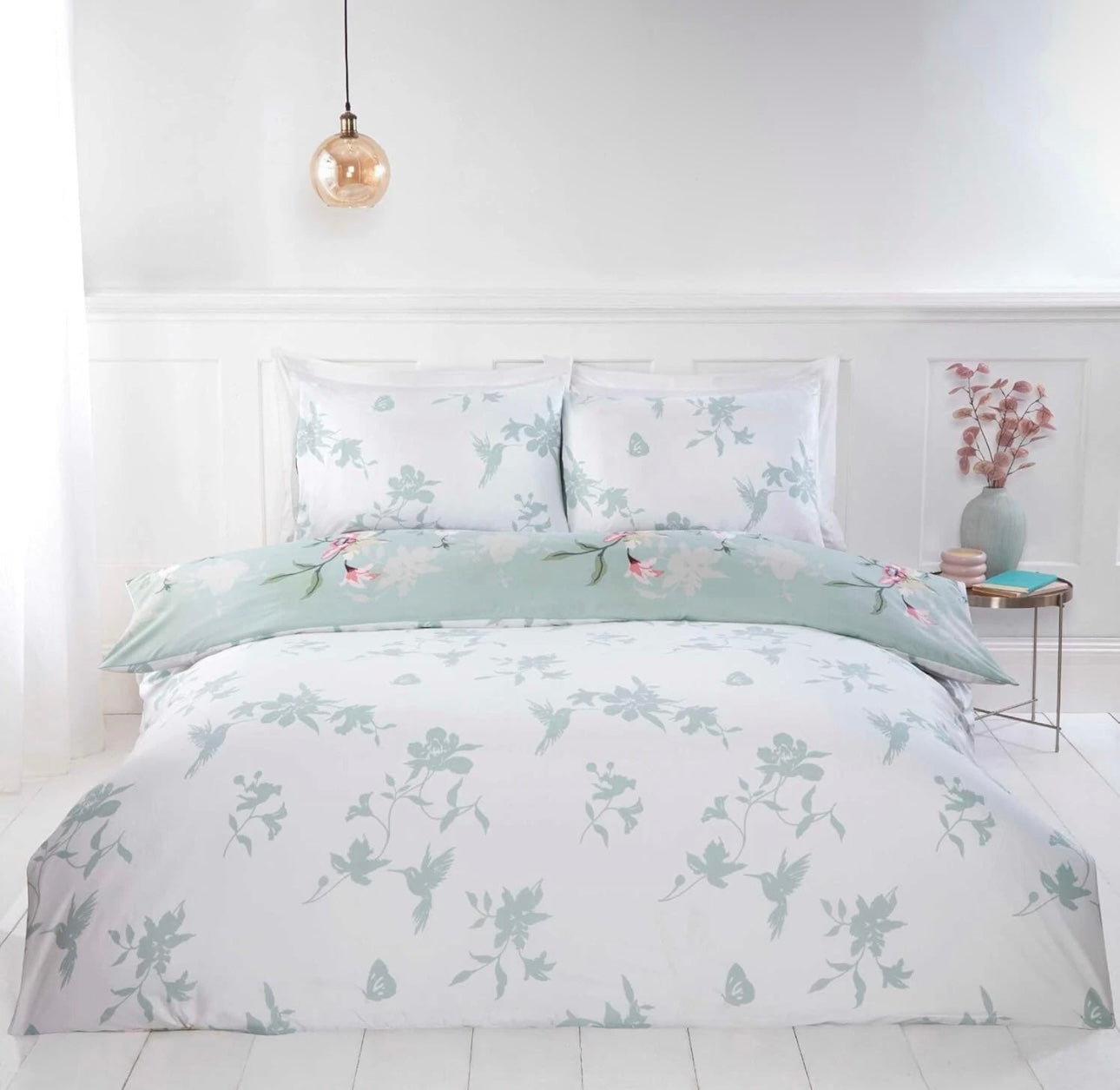 Reversible Sage Green Floral Bird Duvet Set SINGLE