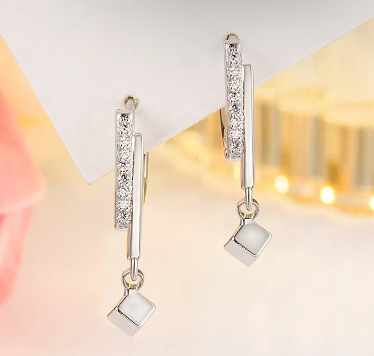 925 Sterling Silver Cube Drop Hoops