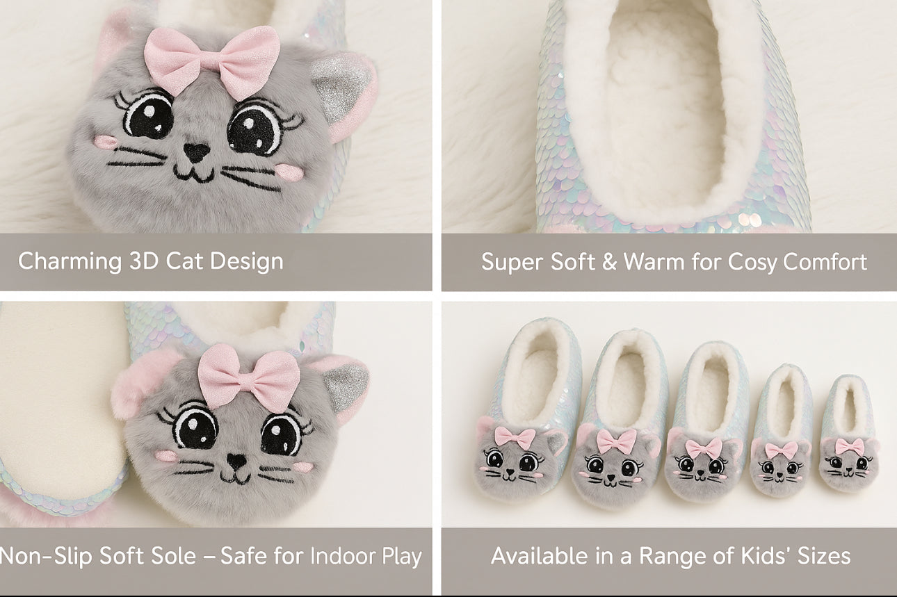 Girls 3D Grey Sequin Cat Slippers