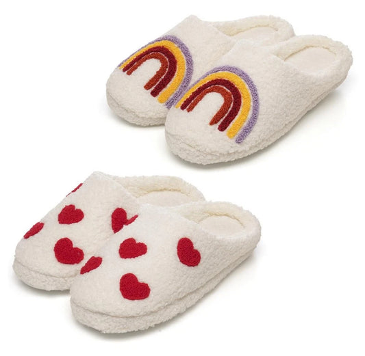 Ladies Plush Hearts & Rainbows Mule Slippers