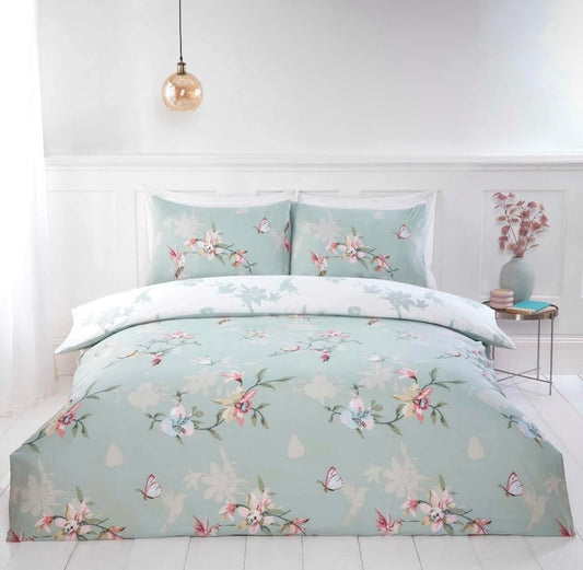 Reversible Sage Green Floral Bird Duvet Set KING