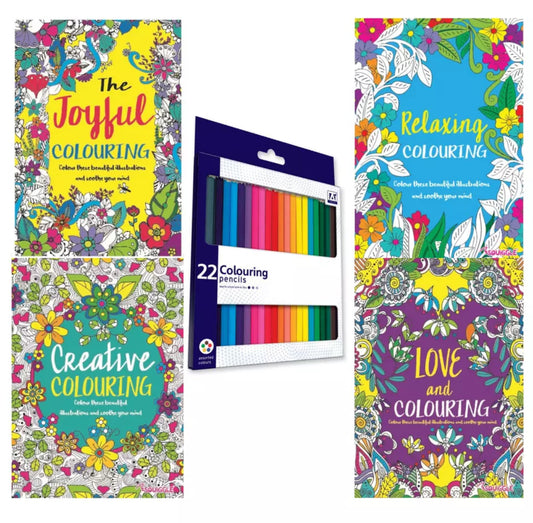 Set of 4 Relaxation Colouring Books + 22 Coloured Pencils