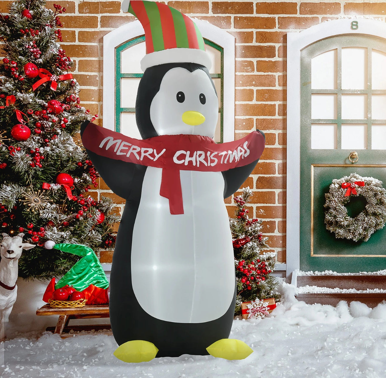 8ft Inflatable Penguin With Christmas Banner