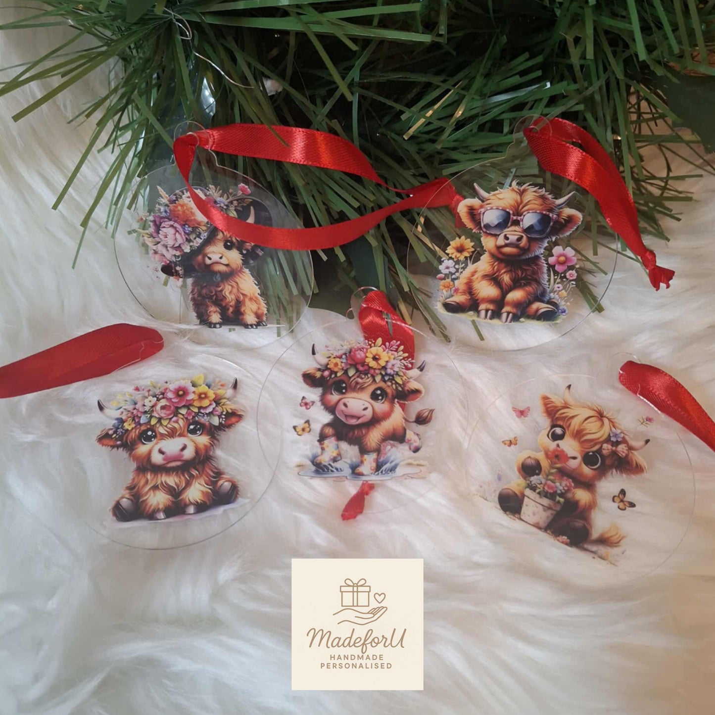 Set of 5 Festive Cow Baubles