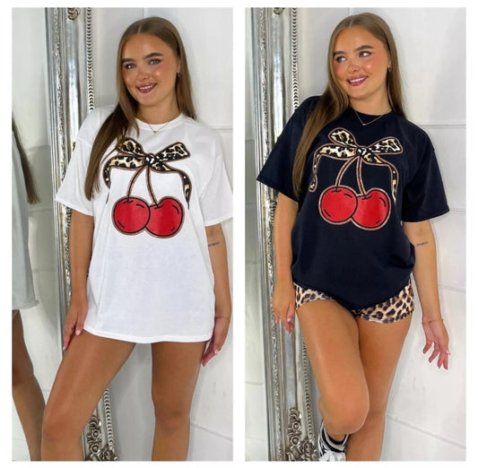 Ladies Baggy Cherry With Leopard Print Bow T-shirt