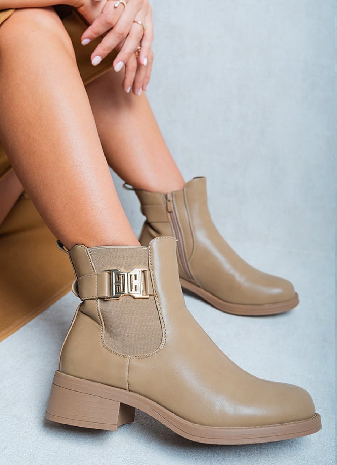 Ladies Beige Buckled Chelsea Boots