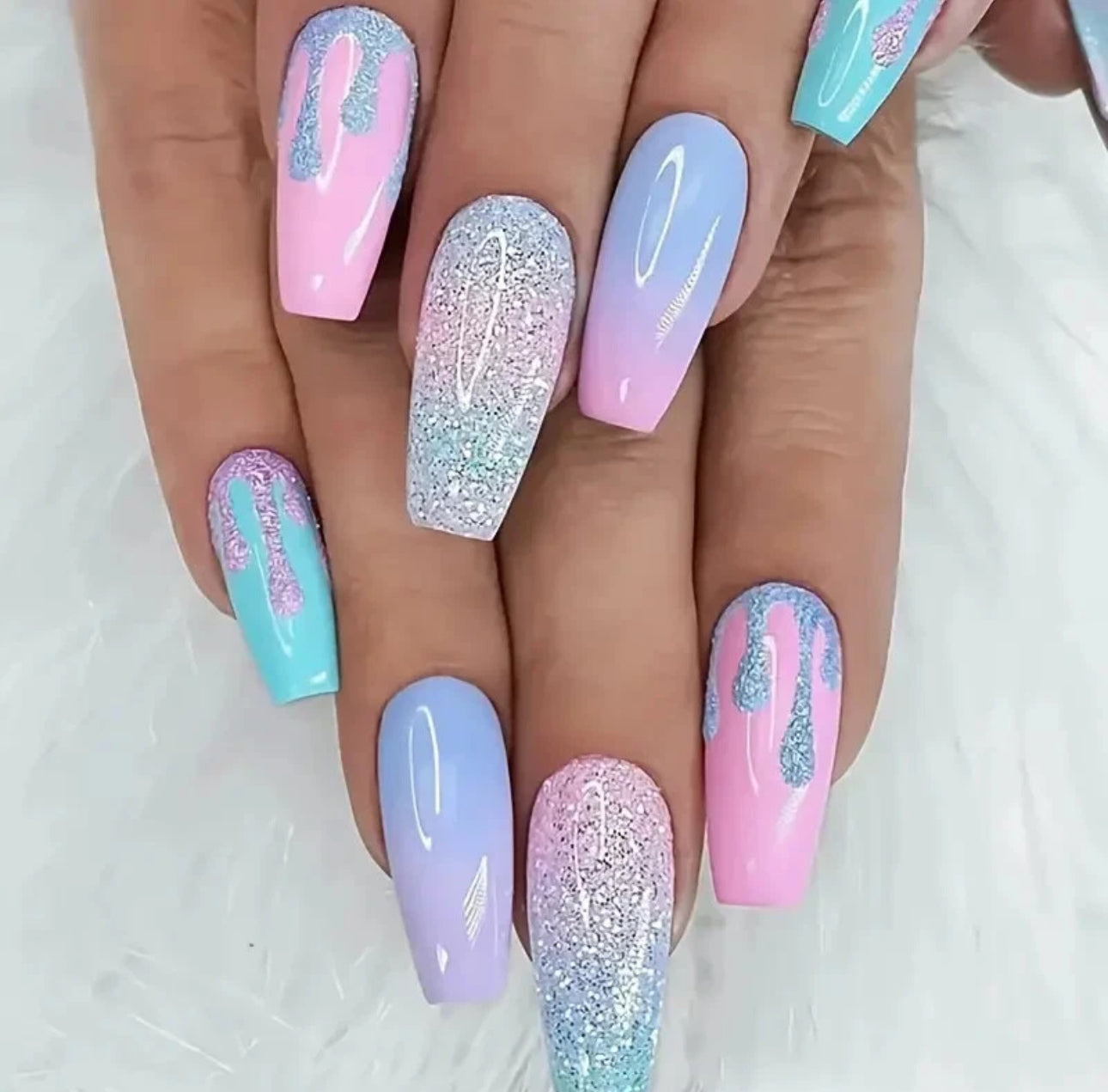 Pastel Colours Glitter Gradient Coffin False Nails 24pc