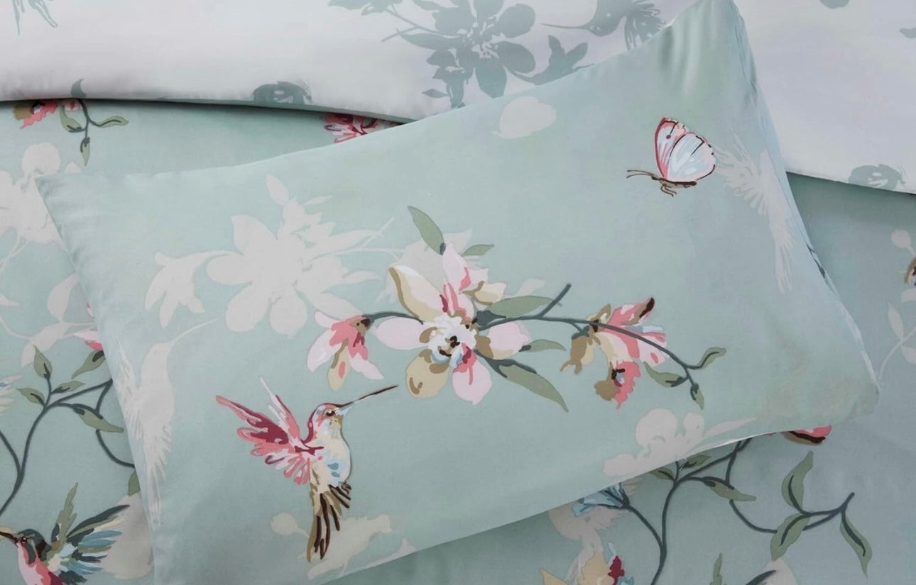 Reversible Sage Green Floral Bird Duvet Set SINGLE