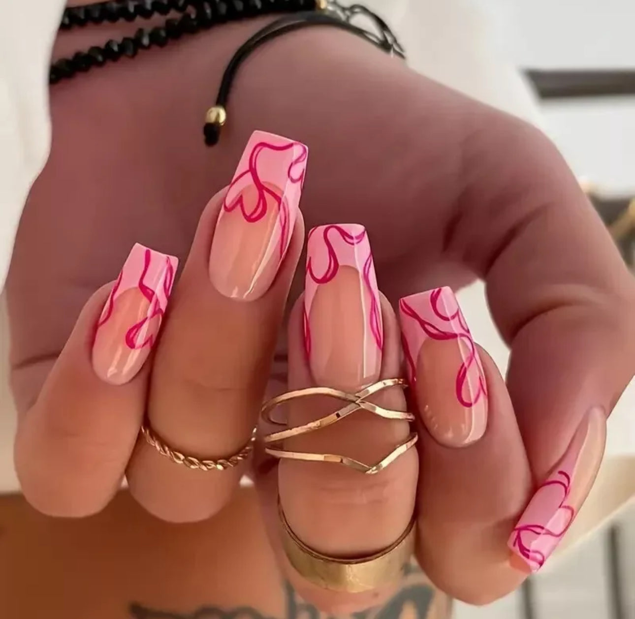 Red Heart Pink Tips Long Square False Nails 24pc