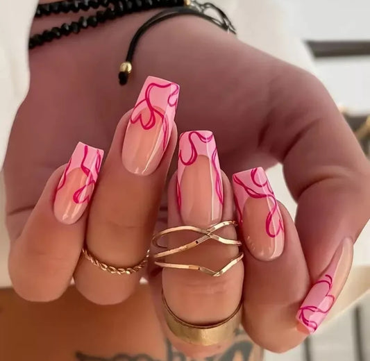Red Heart Pink Tips Long Square False Nails 24pc