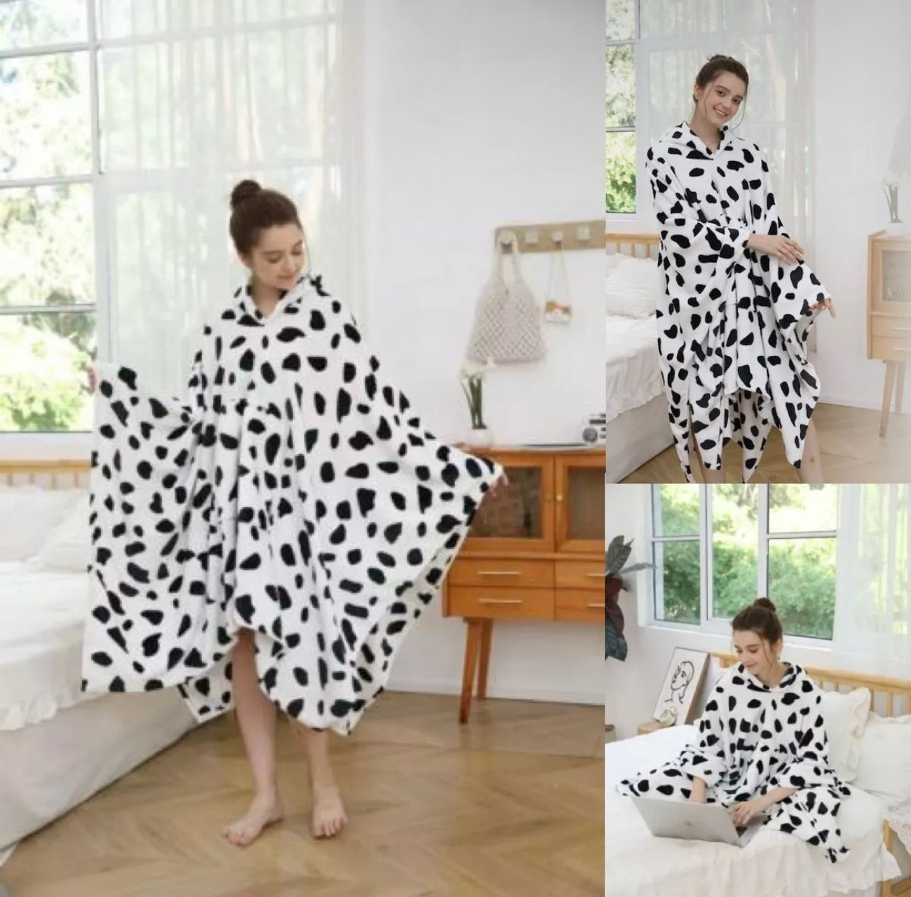Cow Print Soft Fleece Hooded Blanket
