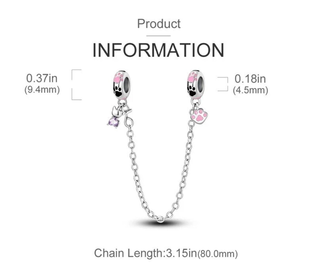 SS925 Cat & Paw Print Safety Chain Bracelet Charm